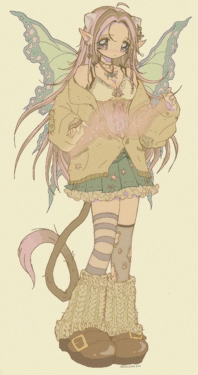 this is an anime illustration of a young girl with cat ears and a tail.  she has pink and white hair and is wearing a pastel outfit. she has large wings and is holding her hands in a magical pose.  the art style is very kawaii.