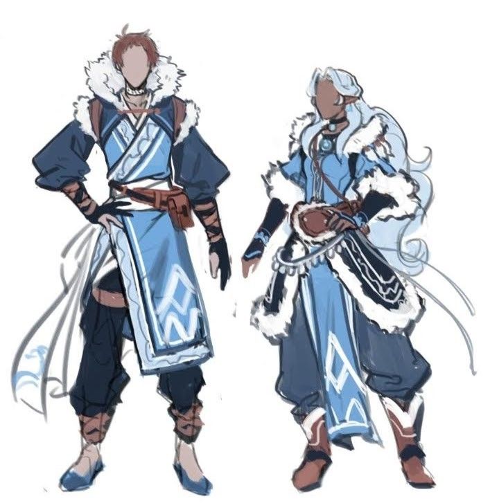 a digital drawing of two animestyle characters, a male and a female, wearing blue and white outfits with white fur trimming. both are wearing blue and white outfits that appear to be influenced by water and ice. the male character is wearing a blue, longsleeved robe and black pants, while the female character is wearing a light blue, shortsleeved dress with white fur trim around her shoulders and arms. they both appear to be warriors or magical users.