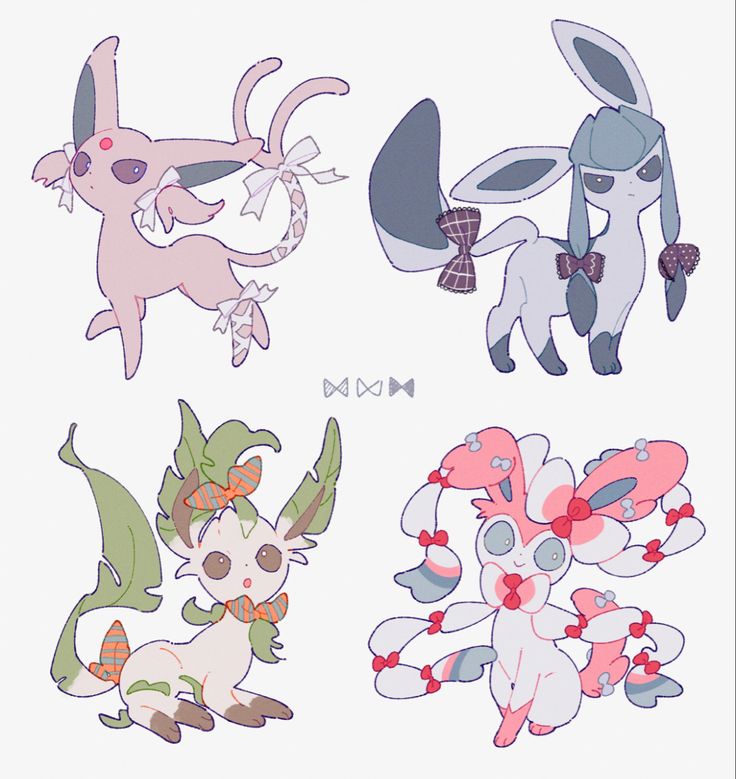 the image showcases four adorable, stylized illustrations of eevee evolutions.  each pokémon is depicted in a soft pastel color palette and features unique, decorative ribbons or bows.  the style is reminiscent of anime or manga art.  specifically, the evolutions seem to be:  a pink espeon, a light blue glaceon, a light green leafeon, and a pink sylveon. the art is clean and charming, highlighting the cute features of each pokémon.  the overall aesthetic is light, whimsical, and undeniably appealing.
