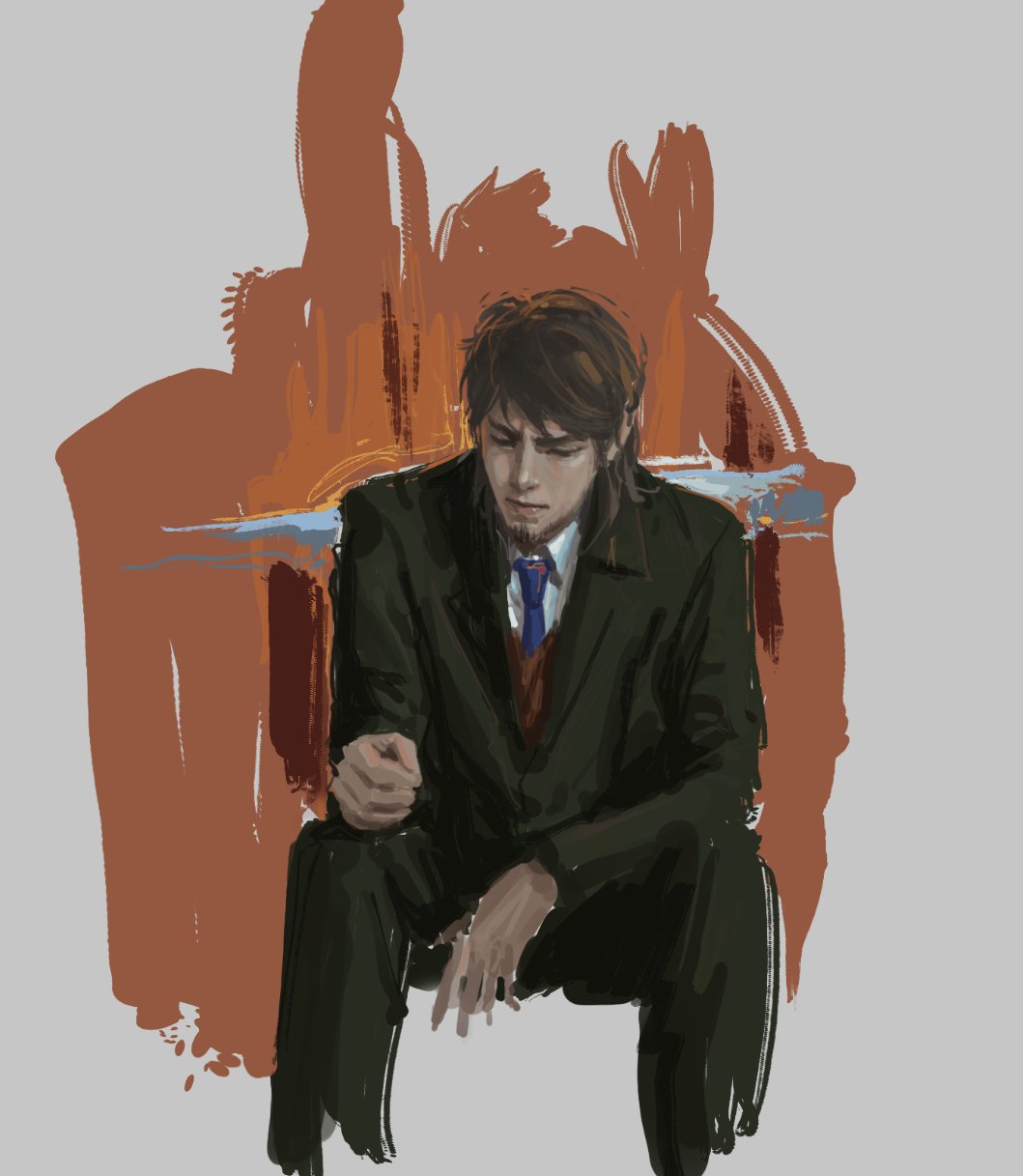 a digital illustration depicts a man in a suit sitting down, looking pensive or sad. he has brown hair and facial hair. the artwork uses brushstroke textures and muted colors.