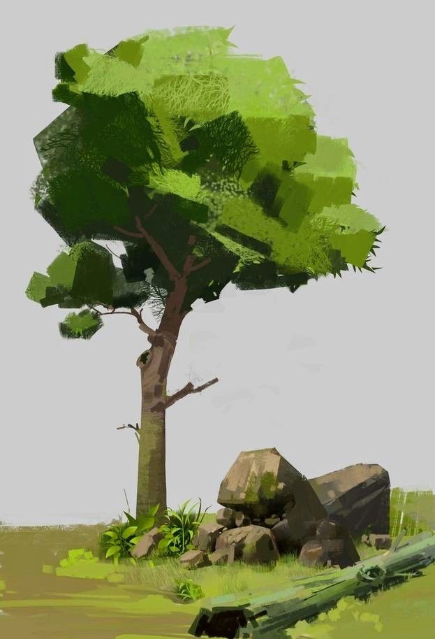 he image depicts a stylized digital painting of a solitary tree with a cluster of rocks at its base. the tree has a thick trunk and a broad canopy of green leaves rendered with visible brushstrokes. the rocks are various shades of gray and brown, casting subtle shadows. a broken log lies in the foreground, adding to the natural feel of the scene. the overall palette is dominated by greens and browns, evoking a sense of tranquility and nature's quiet beauty. the soft, natural lighting enhances the peaceful atmosphere.