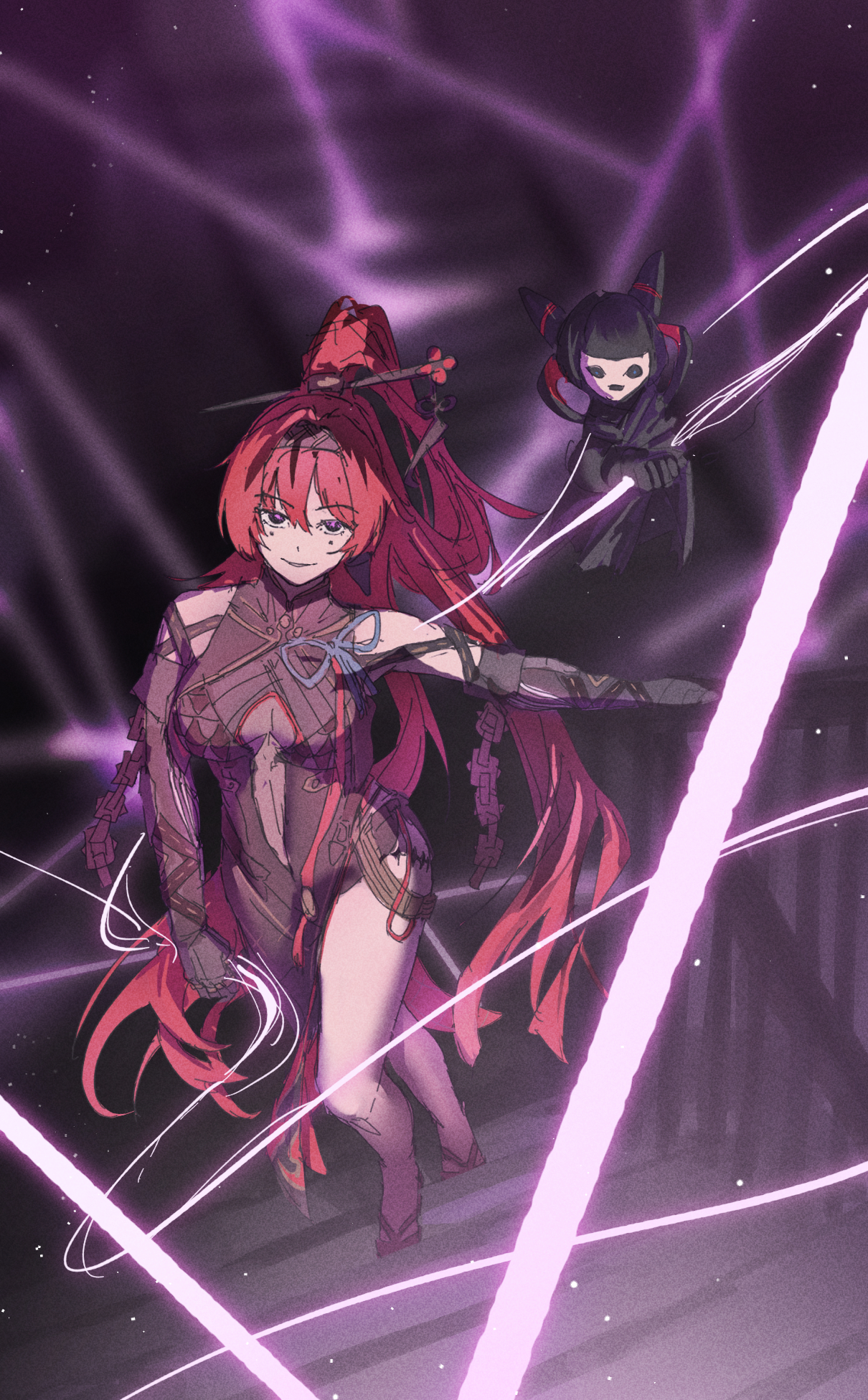 two female anime characters are shown in a dark environment. they appear to be in action, with glowing purple lines emanating from their bodies and the background. the woman in front has long red hair and is wearing a revealing outfit with a purple and white color scheme. the girl behind her has black hair and is wearing a dark purple dress.