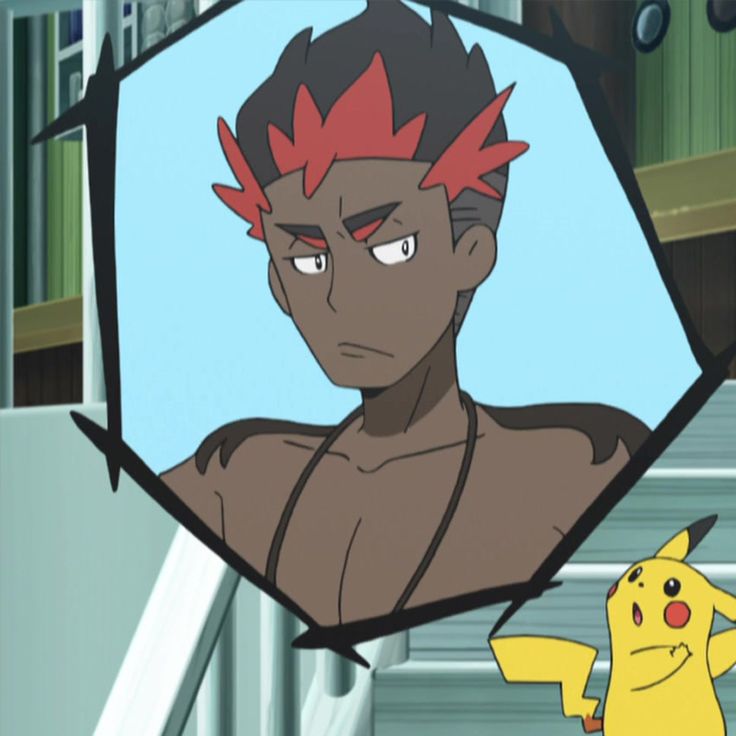 a cartoon character of a man with red hair in a headband and dark skin, looking forward in a surprised manner, is in a circular shaped frame with a yellow cartoon character of a pikachu in front of the frame. the background is light blue with white stairs.