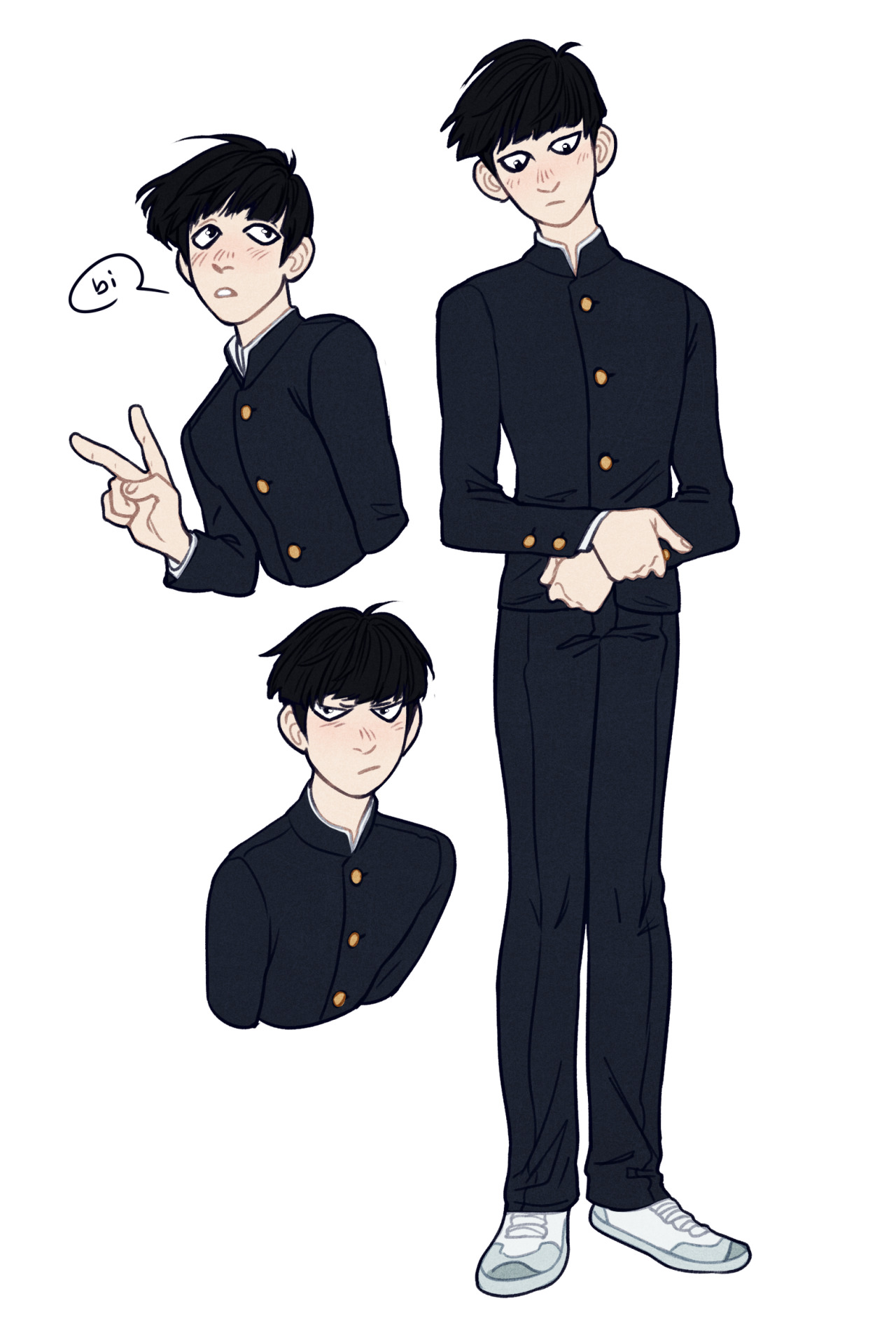 this is a stylized digital sketch of shigeo kageyama from mob psycho 100. he is depicted in his school uniform with four different facial expressions and poses. the drawing is presented on a plain white background.