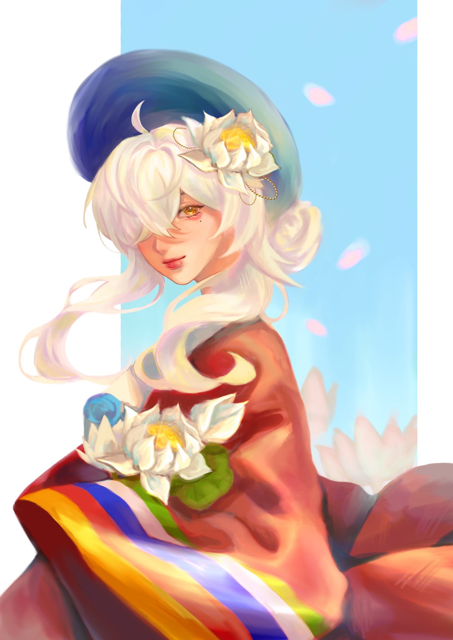 a beautiful woman with white hair is wearing a red dress with a lotus flower on her shoulder. she is also wearing a blue beret with a white flower on it. she has a gentle and serene expression, and her eyes are a soft brown color. there are pink petals floating in the air around her, suggesting she is in a magical or fantastical place. the background is a simple blue sky with white clouds, which makes the woman and her dress stand out.