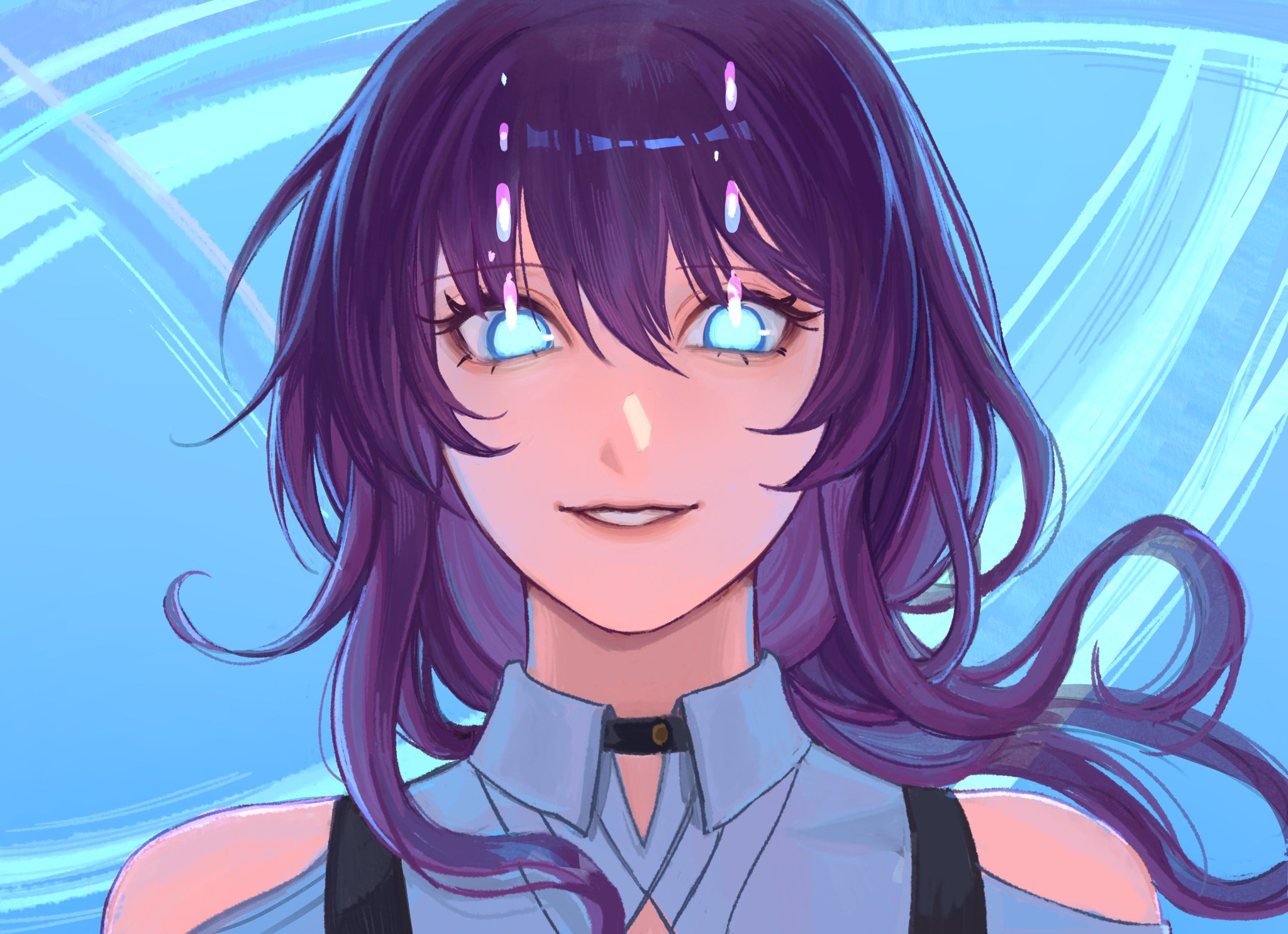 a portrait of a smiling anime girl with purple hair and blue eyes. she is wearing a light blue shirt with a black collar and choker. the background is a blue gradient with light streaks.