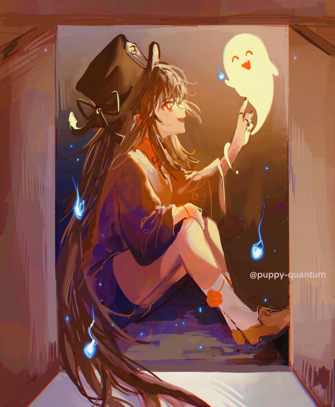 the image shows an anime girl with long black hair and a black top hat, sitting in a box and talking to a yellow ghost. the background is a dark room with a cardboard box surrounding them. the girl is smiling and seems happy to be interacting with the ghost. the scene is filled with magical effects, like floating sparkles and fireflies.