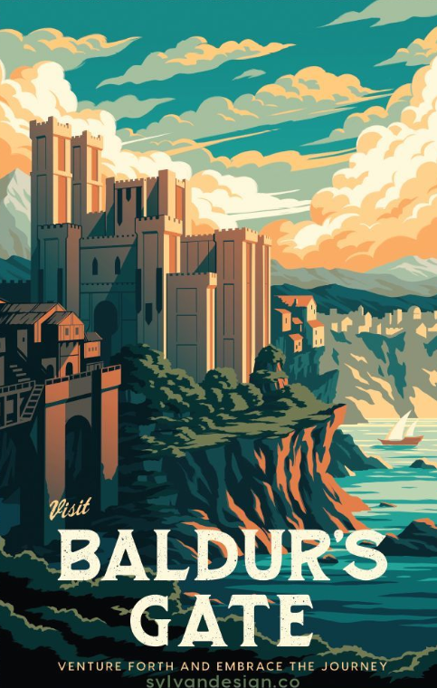 the image is a vintagestyle travel poster advertising baldur's gate. it depicts a large castle complex situated atop a cliff overlooking the sea. a small boat is visible on the water, and a distant coastal town is present in the background. the sky features stylized clouds in shades of teal, white, and orange. the text "visit baldur's gate" is prominently displayed, along with a tagline and a website address. the overall style is reminiscent of classic travel posters, with a focus on vibrant colors and simplified shapes.