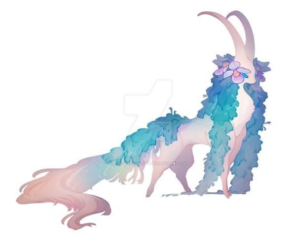 a digital illustration of a fantasy creature. the creature is quadrupedal with a long, slender neck and a pair of curved horns. it is adorned with blue and teal fluffy material that resembles foliage, around its neck and down its back. there are flowers near the base of its horns. the body of the creature is pastelcolored, with the tail fading from teal to pink. the creature appears to be standing in a graceful pose.