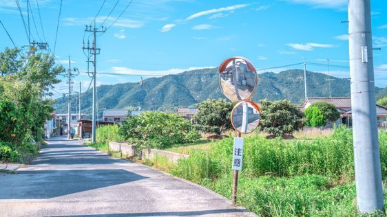 the image shows a road in a rural area with mountains in the background. there are trees and vegetation on either side of the road. there are power lines and utility poles. a street mirror and caution sign are on the side of the road. a building or house is visible in the background. the sky is blue with some clouds. the road is made of asphalt.