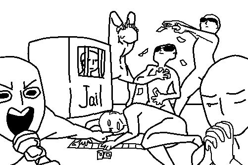a black and white sketch of a group of cartoon characters. one character is in jail. another is sad and slouched over, while the rest are frustrated and upset. they are all playing a board game and it seems like they are losing. the game board is visible but not very detailed.