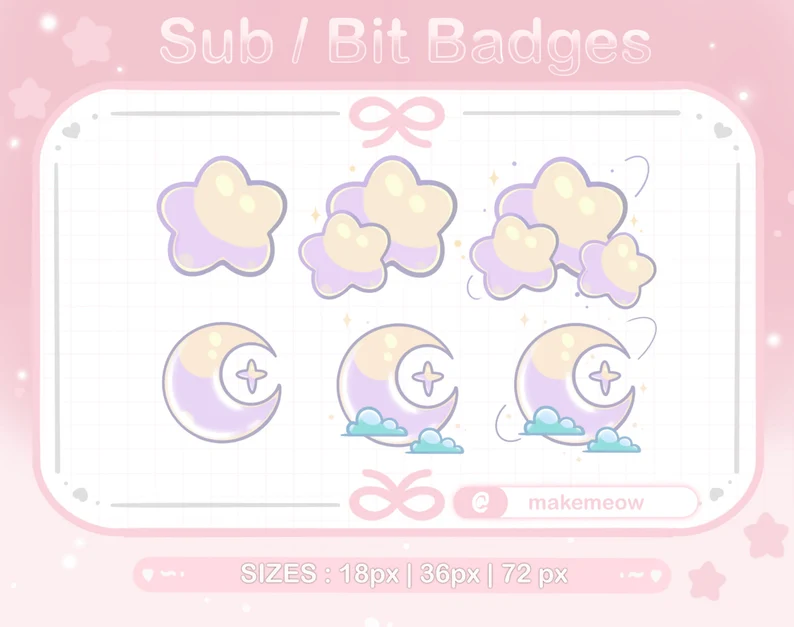 a digital image showcasing cute pastelcolored sub/bit badges for twitch streamers. the badges feature star and crescent moon designs with soft, cloudlike details. they are presented in various sizes and arranged in a grid format against a light pink background.