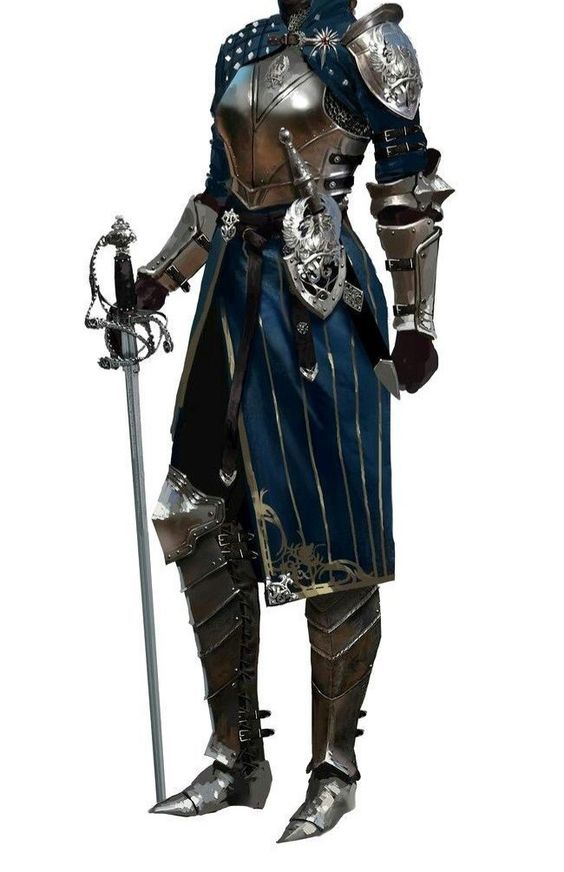 the image showcases a detailed illustration of a female knight clad in intricately designed plate armor.  her armor is primarily silver with blue accents on her tunic, which falls to her midthighs. the armor itself is highly detailed, showing rivets, straps, and decorative flourishes. she holds a long sword with a silver and ornate hilt. the overall style suggests a fantasy setting, potentially for a video game or a fantasy novel. the background is plain white, focusing all attention on the character.  the rendering style is highly polished and realistic.