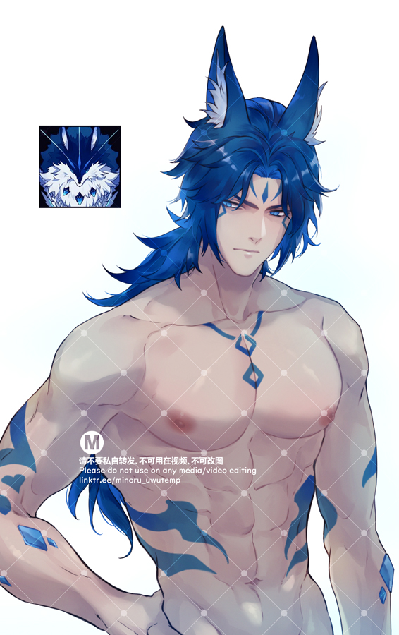 a digital art illustration of a shirtless anime character. the character is a man with blue hair and wolf ears. he has tattoos on his body and looks muscled and toned. the background is white.