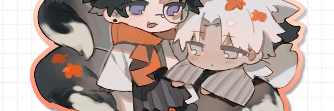 this illustration features a couple of anime characters, drawn in a chibi style. the image is set against a white grid background and highlights the affectionate relationship between the two characters. the girl, with short white hair, has her arm around the boy, who has black hair. the boy is wearing a black and white striped shirt with an orange and black scarf, while the girl wears a white shirt with a gray and white scarf. their expressions are full of love and tenderness, emphasizing the strong bond between them.