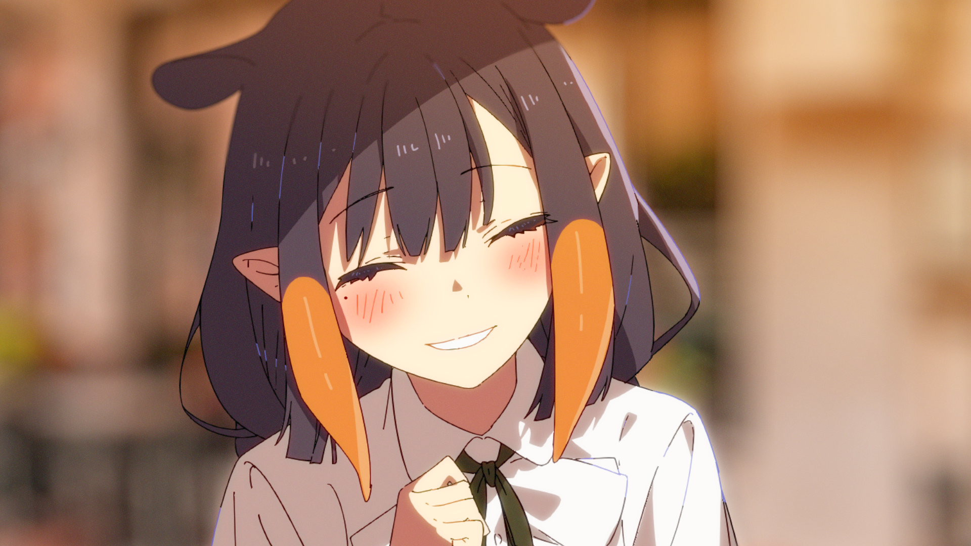 a closeup portrait of an anime girl with dark hair and big, expressive eyes. she's wearing a white shirt with a black tie, typical of a japanese school uniform. the girl has two carrots positioned like animal ears on her head and she's blushing, suggesting she's feeling shy or happy. the background is out of focus, creating a soft, dreamy atmosphere.  the lighting is warm and natural, further enhancing the overall cheerful mood of the image.