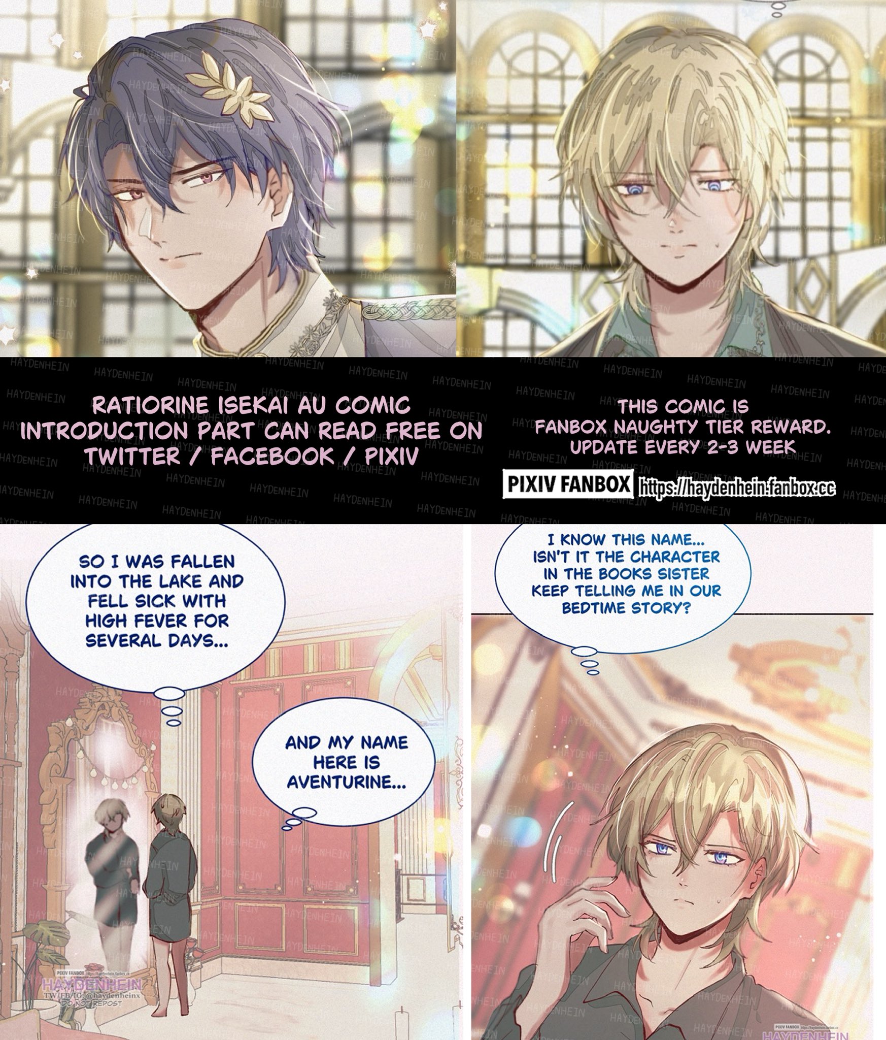 this is a comic panel from a webcomic. the comic tells a story of a boy who is falling in love. the art style is beautiful and uses a lot of soft colors. the man's name is "aventurine."