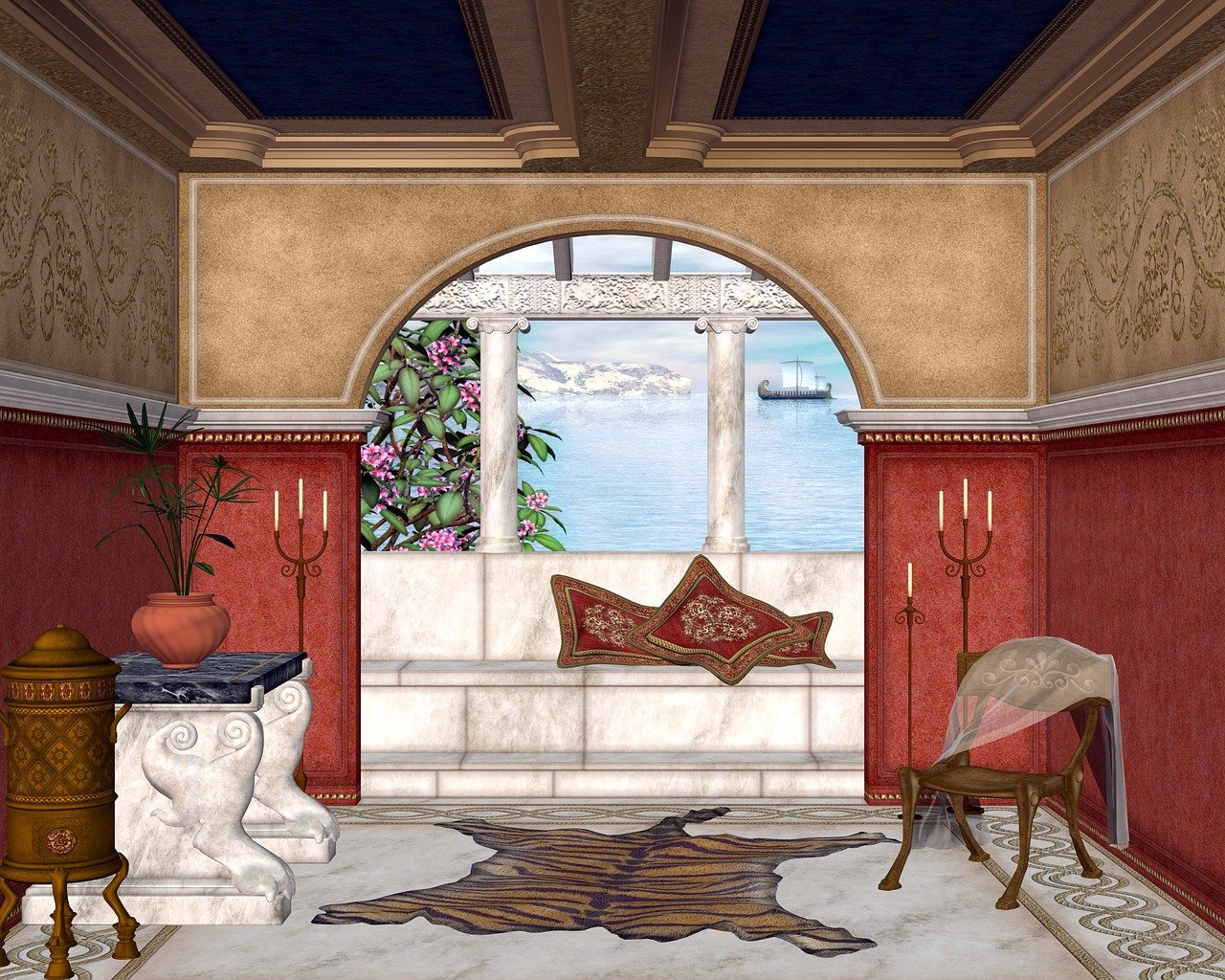 the image shows an opulent interior, reminiscent of an ancient roman or mediterranean setting. the room features an arched window with marble columns, offering a view of the sea and a distant ship. a white stone bench seat is adorned with red cushions. the walls are decorated in red and gold tones, with intricate patterns. a tiger skin rug lies on the floor. a chair with a draped cloth is positioned to the right, and a plant sits atop a marble stand on the left. candle stands flank both sides of the window, adding to the room's ambiance.