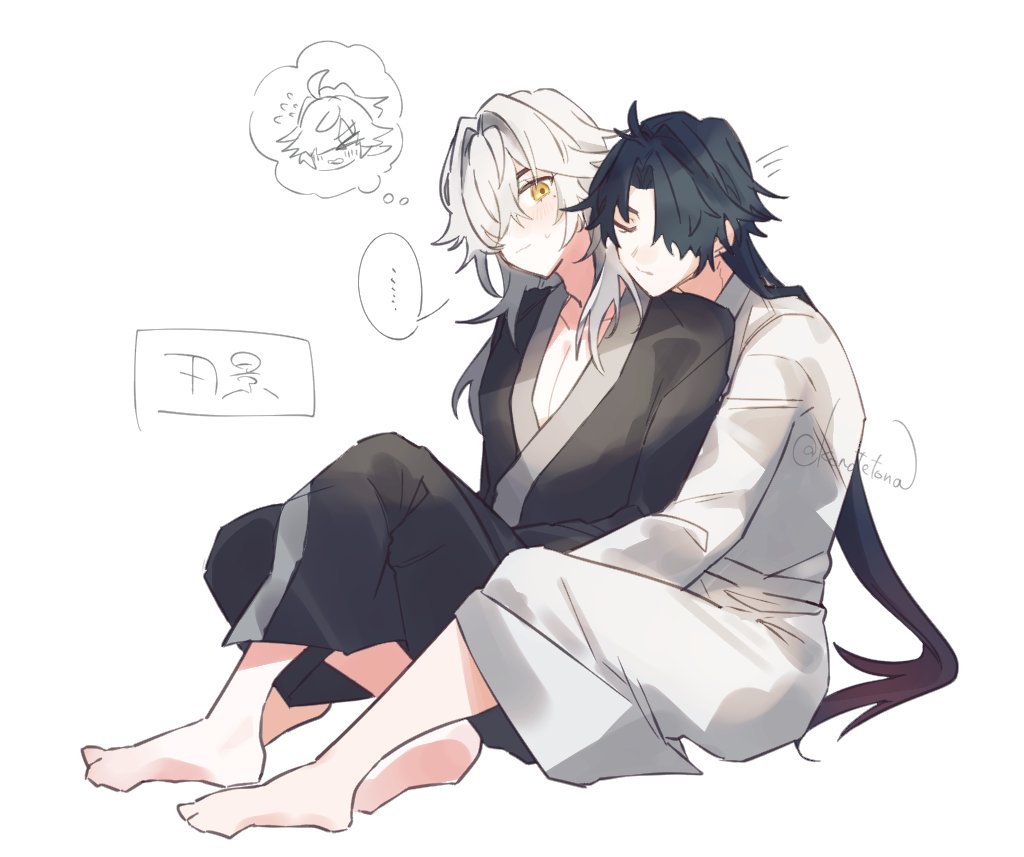 two anime boys, one with white hair and the other with black hair, are sitting together, the one with white hair is hugging the other one from behind, and both are blushing and smiling, they are both wearing loose clothes and seem very happy. the background is white and simple. the image is drawn in a cute and adorable style.
