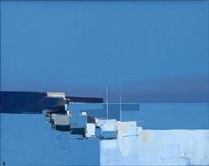the painting presents an abstract view of a harbor scene. dominated by shades of blue, the artwork hints at the presence of boats and a harbor wall through geometric shapes and subtle color variations. the sky, a soft, hazy blue, meets the water at a distant horizon, suggesting a tranquil and serene atmosphere.