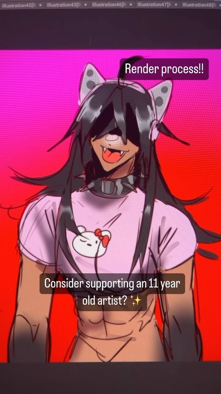 he image shows a digital drawing of an animestyle character. the character has long black hair, cat ears, headphones, and is wearing a pink shirt with a cute graphic. they have visible abs and a muscular physique. the art style is vibrant and slightly edgy.  text overlays on the image say "render process!!" and "consider supporting an 11 year old artist?".  the overall style suggests a younger artist's work.