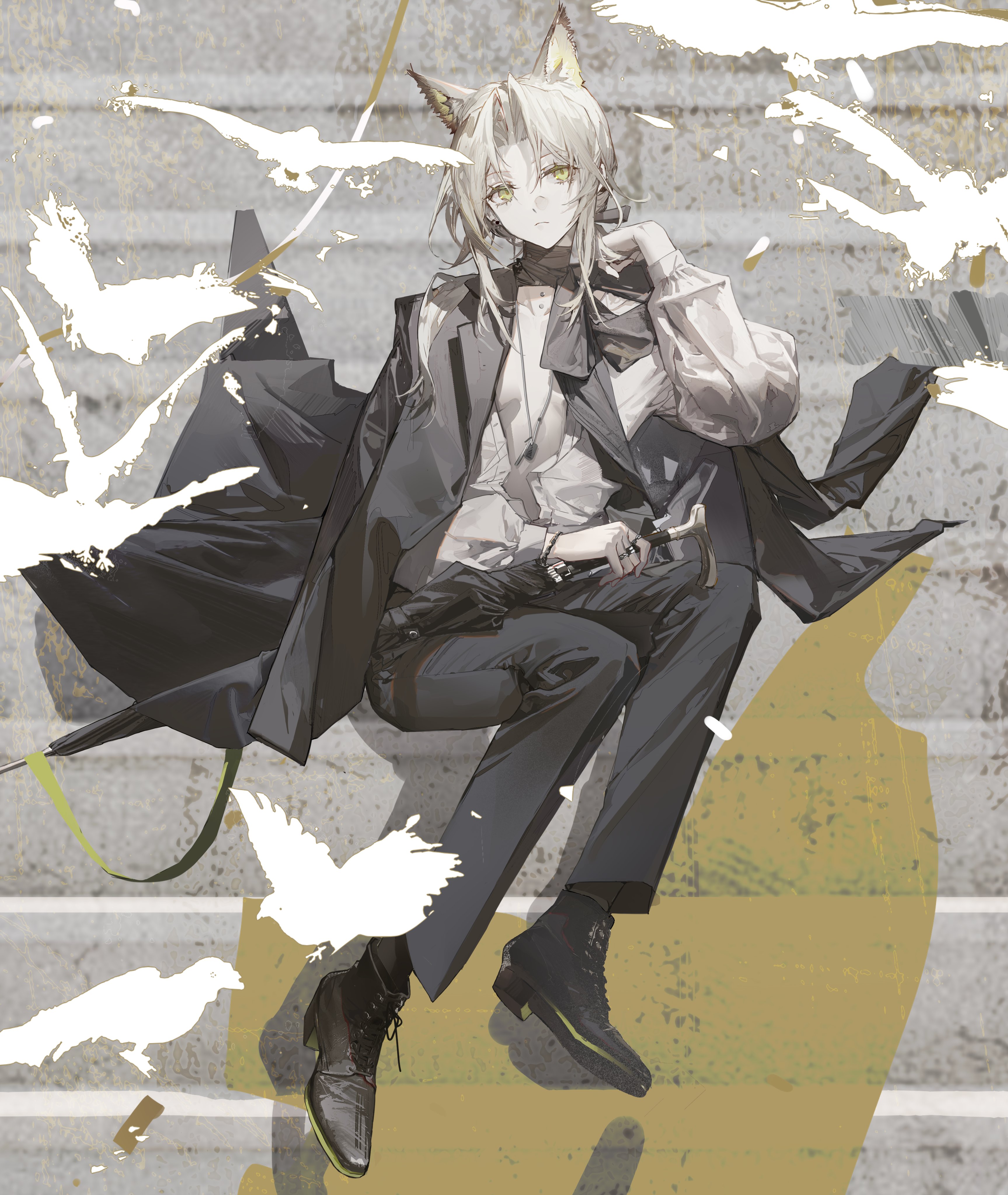 a full shot of lappland from arknights sitting on a set of stairs, wearing a suit and blouse with a necktie, along with boots, with birds all around.