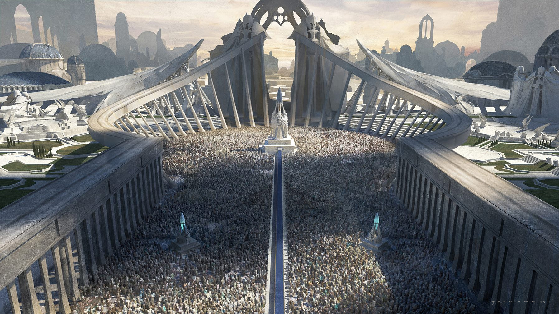 an aerial perspective of a wide plaza in a futuristic city. the plaza is filled with a large crowd of people. the plaza has tall walls on either side and leads to a large ornate archway. there appears to be a statue in the distance but it is obscured by the archway. the architecture is primarily white stone.  the day is overcast, providing diffused, natural lighting.