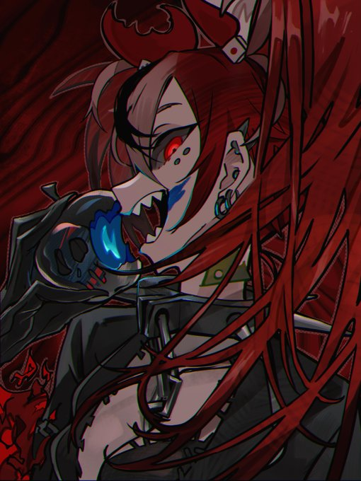 the image features a striking portrait of a demon girl with long flowing red hair and sharp horns. her intense gaze, accentuated by glowing red eyes, gives off an aura of power and menace.  she has sharp teeth, one of which is partially obscured as she bites into a glowing blue object.  her attire, featuring chains and a skull, reinforces the edgy and powerful aesthetic. the background is a dark, swirling red, further enhancing the dramatic atmosphere of the illustration.