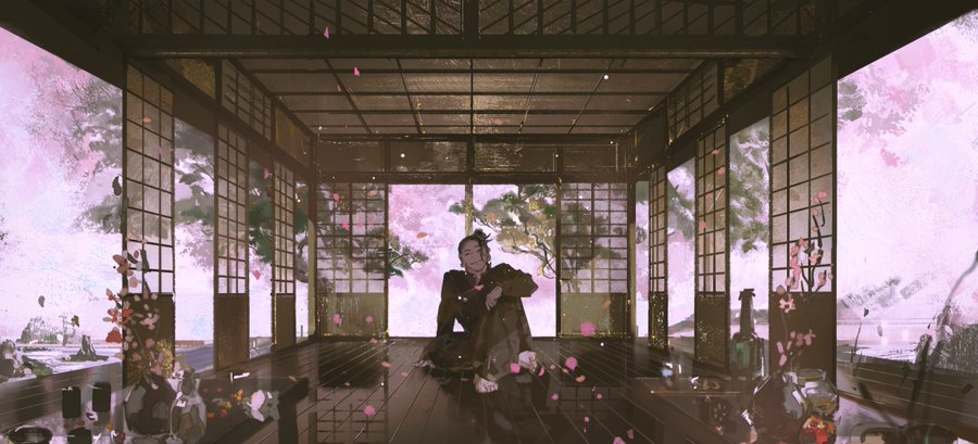 a man sits contemplatively on the wooden floor of a traditional japanese tea house.  the space is open and airy, with shoji screens allowing a view of blossoming cherry trees and a soft pink light to filter through. the man is surrounded by scattered cherry blossom petals, hinting at the ephemeral nature of beauty and time. the overall atmosphere is one of peace and solitude.