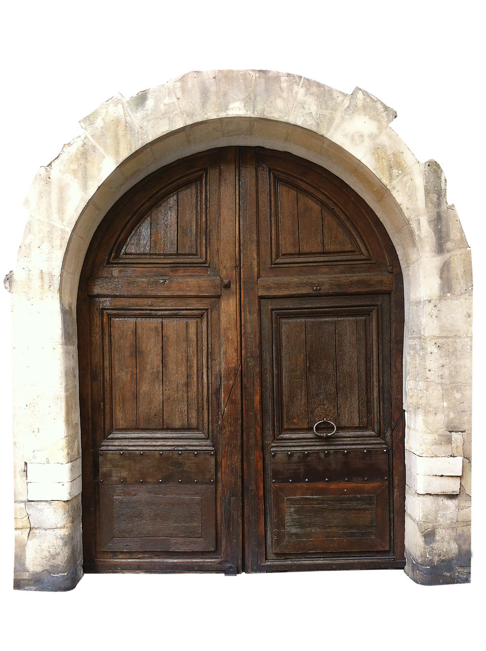 an old, ornate wooden door is set within a stone archway. the door is made of dark wood, with vertical panels and some decorative metal studs along the lower sections. it has a round metal handle on the right door. the archway is constructed from lightcolored stone, with a rounded top and stepped details. the background is black, isolating the door and archway as the focal point. the image conveys a sense of history and timelessness.