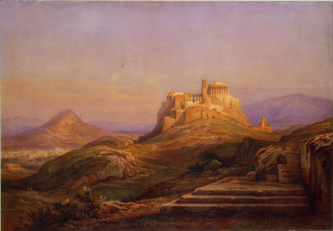 this is a painting depicting the acropolis in athens, greece, featuring the parthenon atop a hill. the foreground includes stone steps and rocky terrain with vegetation. in the distance, there are mountains and a city on the horizon, with a sunset sky overhead. a bird is flying in the sky.