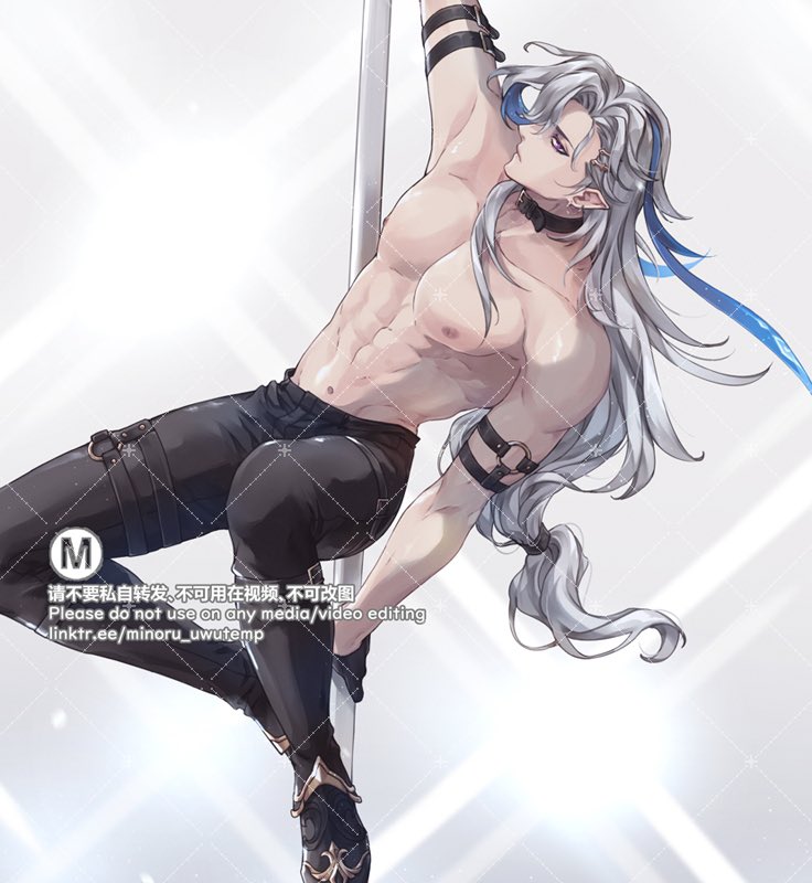 the image features a shirtless anime man with white hair and blue eyes holding a pole for pole dancing. he is wearing black pants and boots. he has a muscular body and has a blue ribbon tied around his wrist.  the man has a handsome face and is looking at the viewer with a seductive expression. the image is done in a stylized art style.