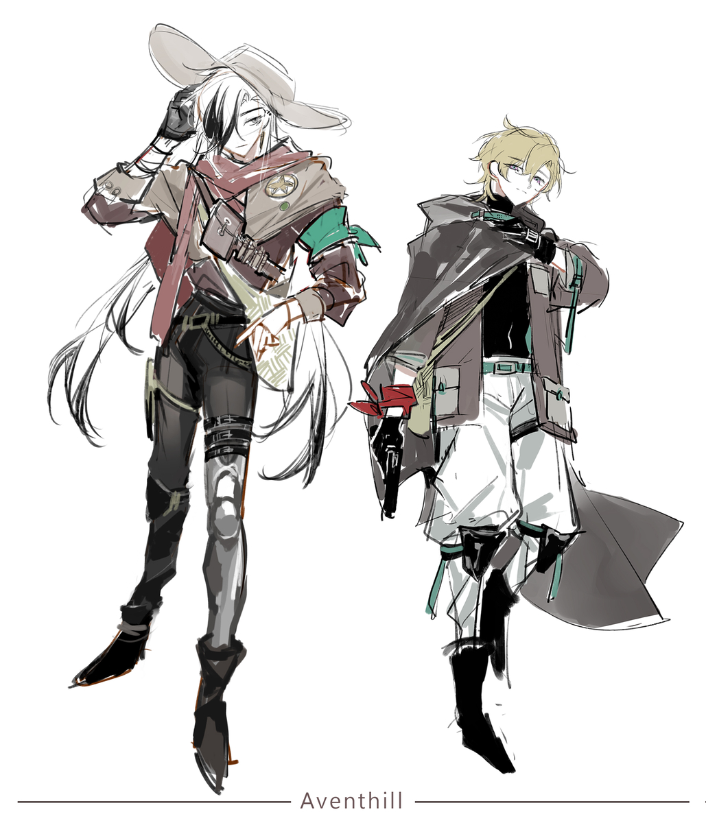 this is a drawing of two anime characters, one male and one female. the female character is dressed in a cowboy outfit and is holding a gun. she has white hair and is wearing a brown cowboy hat. the male character is wearing a black and grey jacket and white pants, with a sword on his hip. he has blonde hair and is standing next to the female character. the background of the image is white, and the characters are drawn in a manga style. the art style is loose and sketchy, with a focus on dynamic poses and expressive characters. the overall vibe of the image is cool and confident, with a hint of danger. the image is titled "aventhill" and the two characters are dressed in a style that could be interpreted as futuristic or fantasy cowboy. the overall image is eyecatching and visually appealing.