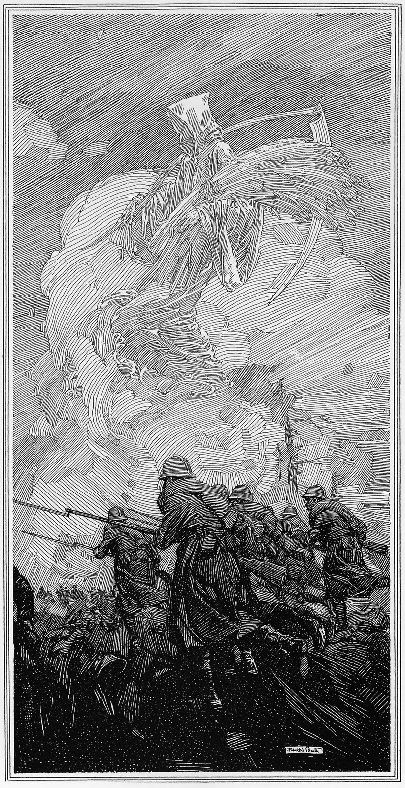 black and white woodcut illustration depicting a grim scene of war. a large figure resembling the grim reaper, cloaked and wielding a scythe, descends from a swirling cloud above a group of soldiers engaged in battle. the soldiers are shown advancing, possibly under heavy fire, their forms rendered in detailed lines and shading. the overall mood of the image is dark, foreboding, and suggestive of death and destruction on a large scale, possibly representing the devastating impact of war. the style is reminiscent of early 20thcentury illustration, potentially from a book or magazine.