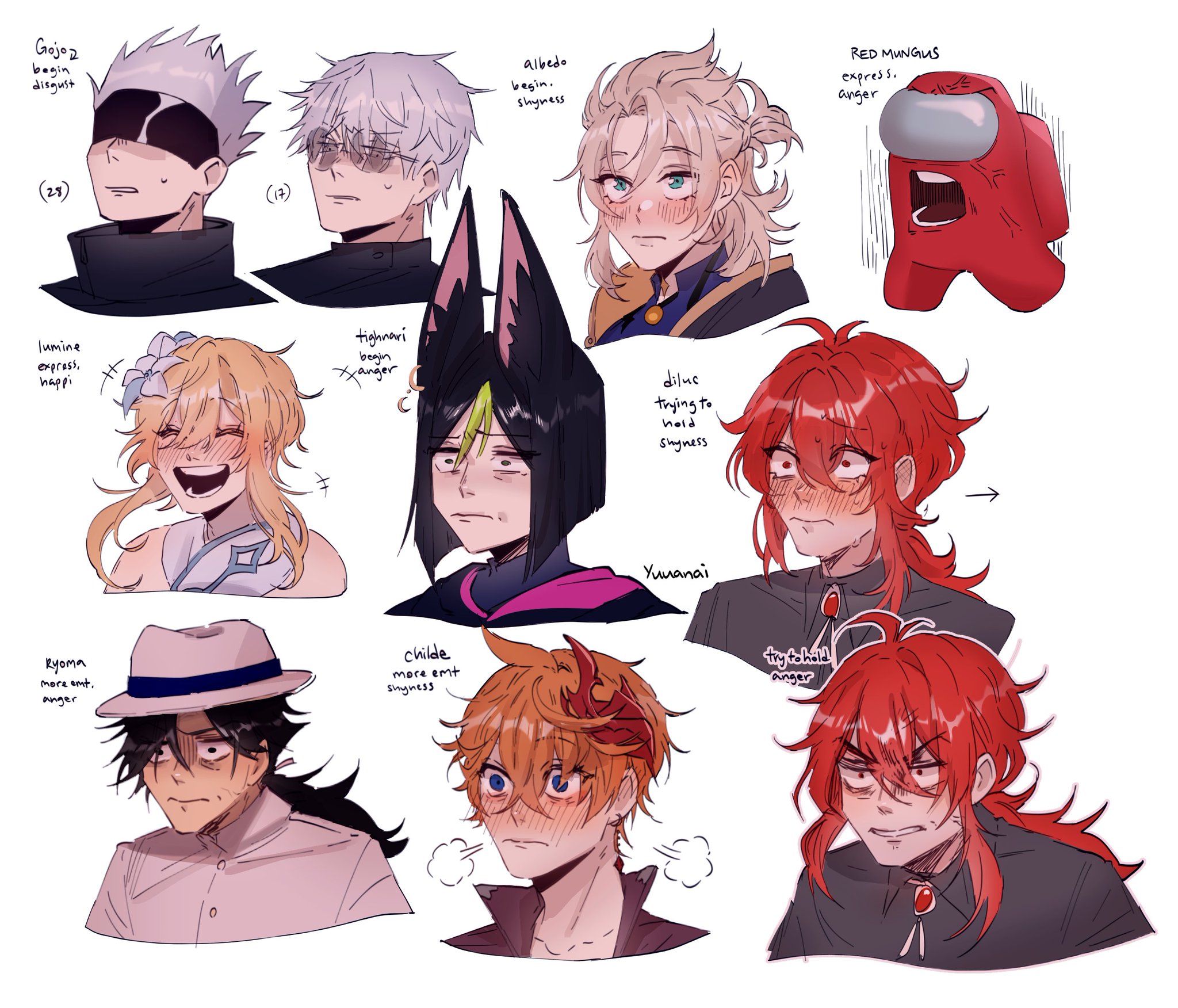 the image is a collection of animestyle character portraits with different expressions and emotions. the characters are drawn in a variety of styles, some with detailed shading and others with a more simplified look. each character is labeled with their name and a description of their emotional state, such as "gojoz begin disgust," "albedo begin shyness," and "diluc trying to hold shyness." the emotions displayed range from happy and excited to angry and frustrated. the art is visually appealing and full of personality. the drawing style is modern and leans towards the cartoonish.