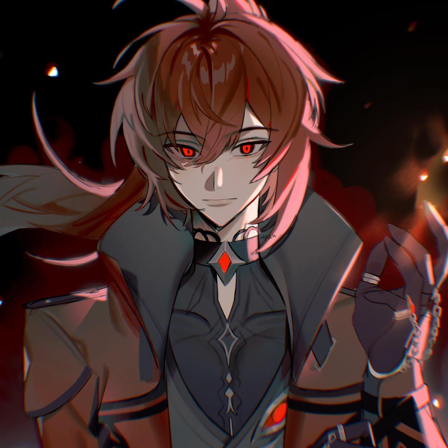 the image is a piece of digital fanart depicting a male anime character.  he has long, flowing reddishbrown hair and intense, glowing red eyes. he's dressed in dark, elegant clothing featuring a layered coat and detailed accessories like a choker and gloves with chains. the character has a confident and slightly smirking expression, and his eyes seem to radiate a mysterious energy. the background is dark with hints of fire or glowing embers, enhancing the dramatic atmosphere.  the art style is sleek and modern, with a focus on detail and smooth linework. the overall impression is one of power and enigmatic charm. the style suggests possible inspiration from video games such as genshin impact or honkai: star rail, though this is not definitive.