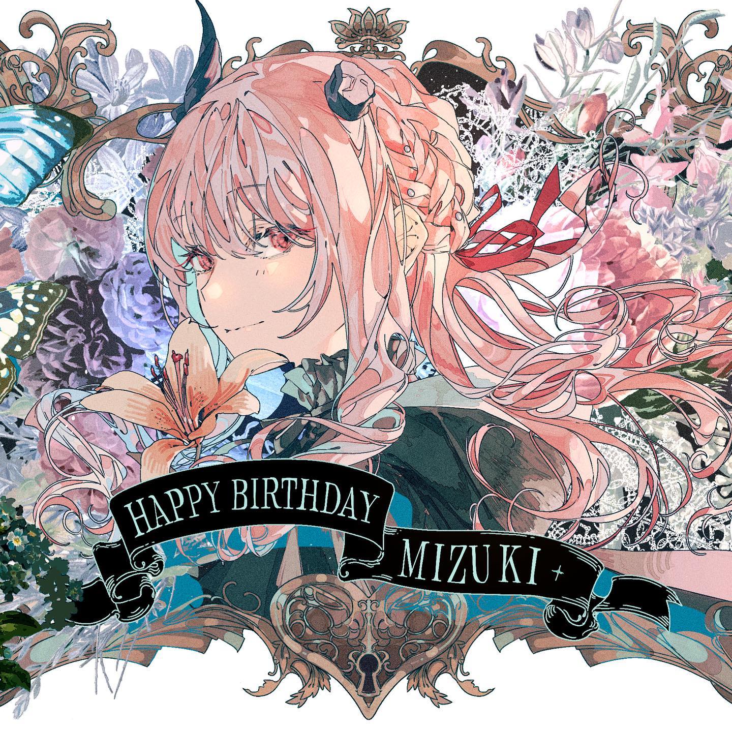 a pink haired anime girl with horns and a crown of flowers sits on a throne of ornate and whimsical flowers. she is smiling and surrounded by flowers, butterflies, and a heart with a keyhole. the words "happy birthday mizuki" are written on a banner in the foreground. the entire image has a beautiful, whimsical, and elegant feel.