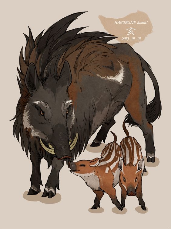 the image shows a large boarlike creature with two smaller boarlike creatures. the largest creature has dark brown fur with lighter stripes on its back and legs. it has large tusks that curve upwards from its lower jaw. the two smaller creatures have reddishbrown fur with white stripes. they are standing close to the larger creature, and one of them is looking up at it. all three creatures have short tails and small eyes. the background of the image is a light beige color.