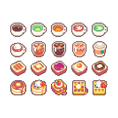 the image contains a collection of pixel art illustrations of various breakfast food and drink items. there are images of coffee, tea, toast with various toppings, donuts, pancakes and waffles.