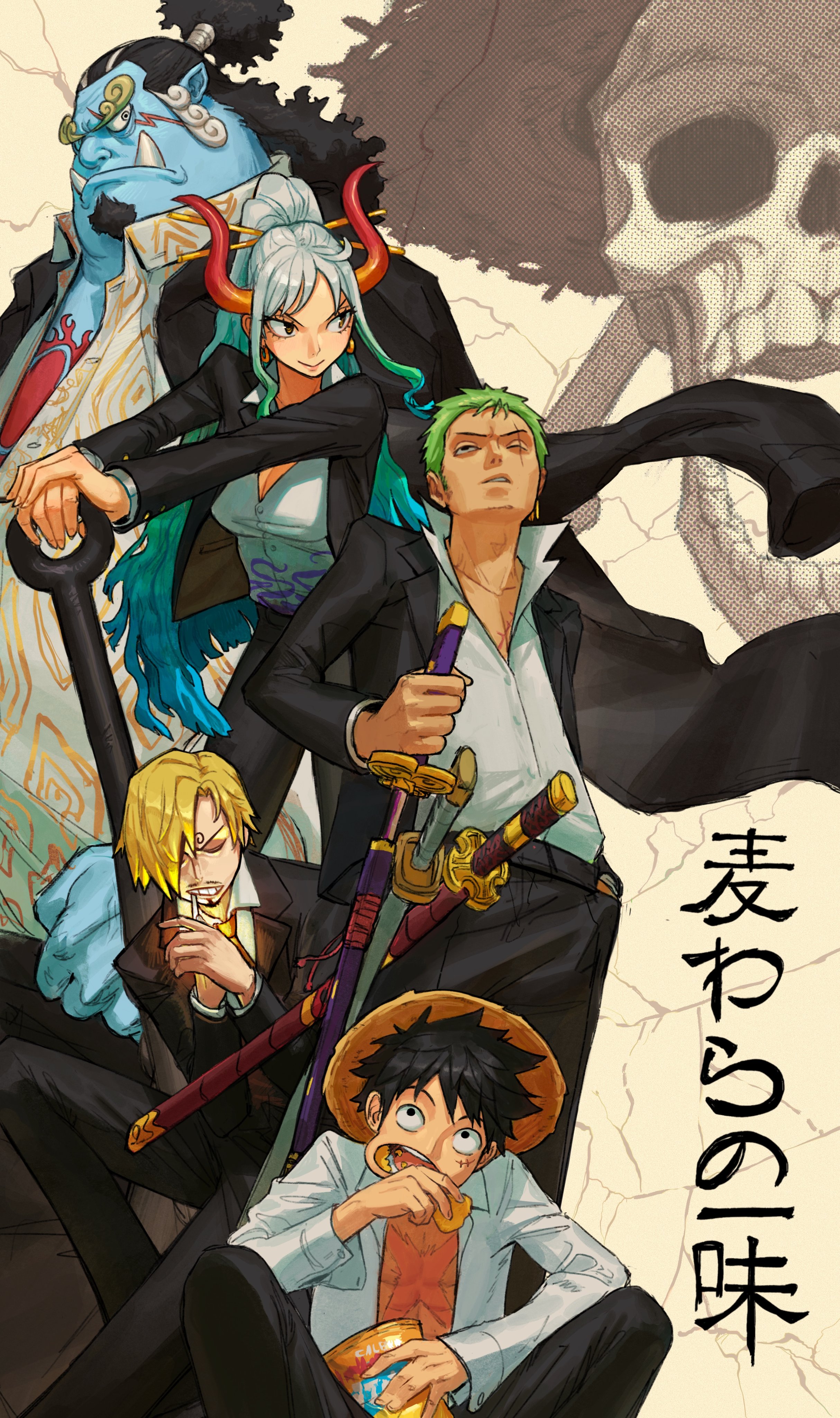 his is a digital fan art illustration of the straw hat pirates from the popular anime and manga series one piece.  the image features luffy, zoro, robin, and usopp in stylish suits, positioned against a dramatic background featuring a large skull and a character that appears to be a giant.  the overall style is reminiscent of manga artwork, with bold lines and vibrant colors.  japanese text is visible on the right side of the image.  the scene evokes a sense of action and adventure.