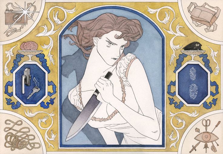 the image is a watercolor and ink illustration in the art deco/art nouveau style. it features a central figure of a stylish woman with shoulderlength brown hair, holding a large kitchen knife. her expression is serious and intense. she is dressed in a lightcolored sleeveless dress with ruffled detailing at the shoulders. the woman is depicted within an ornate, arched frame against a blue background. the frame is decorated with yellow and blue scrollwork, and in each corner there are vignettes depicting various items, including a camera, a briefcase, a pair of fingerprints, a key and lock, a rope, a hat, a brain, and a set of occult symbols including scissors and an eye.  the overall effect is evocative of a mystery or crime scene. the artwork has a vintage or retro feel.