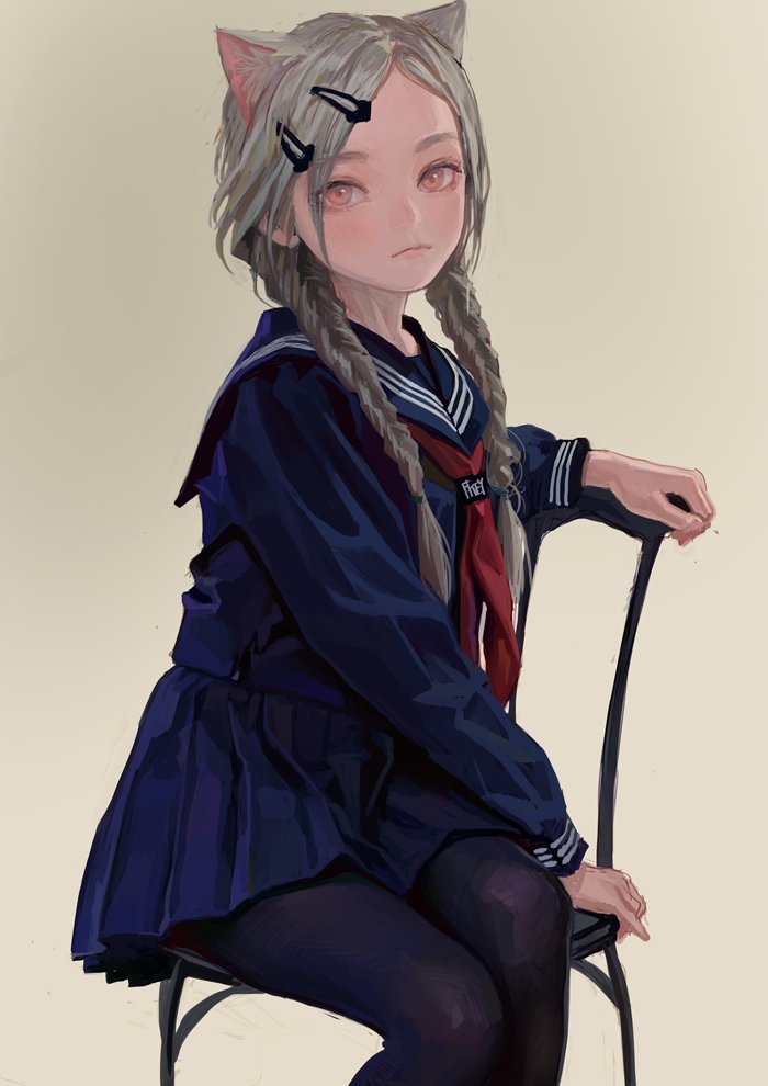 an animestyle illustration of a young girl with cat ears and grey hair. she is wearing a navy blue school uniform with a whitestriped collar and a red tie. her hair is styled in two braids with hair clips on the side. she is sitting on a black chair, wearing black tights and a navy skirt. she has light red eyes and a slightly sad expression.