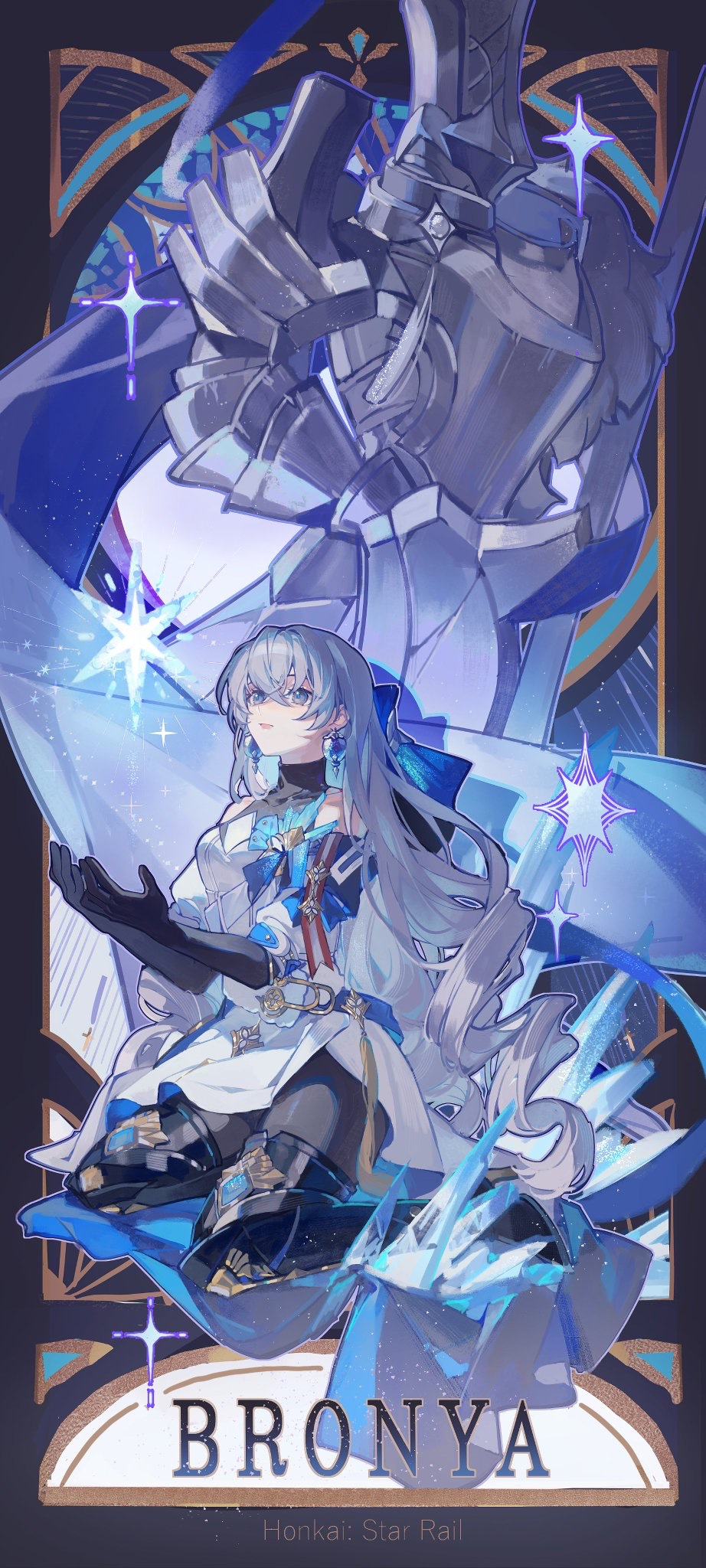 this is a digital illustration of bronya, a character from the video game "genshin impact," in a stylized tarot card format. she is depicted in a white dress, long white hair, and gloves, sitting gracefully with a melancholic expression. behind her, a large, intricate, silver mechanical structure, reminiscent of a robot or armor, looms. the backdrop is a dark, starry night sky contained within an ornate gold frame. the overall composition exudes an air of elegance and mystery.