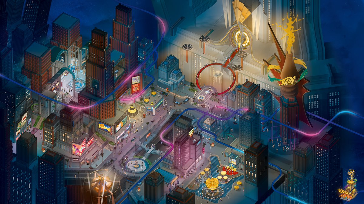 this is a stylized illustration of a futuristic city. the cityscape is bursting with neon lights and buildings that tower over each other. the perspective is from a high angle, giving a bird's eye view of the city. in the center of the city, a roller coaster track winds through the buildings, providing a thrilling amusement park ride. the city is bustling with energy and motion. the artwork is dynamic and vibrant. the colors are bright and eyecatching. the overall effect is one of excitement and adventure.