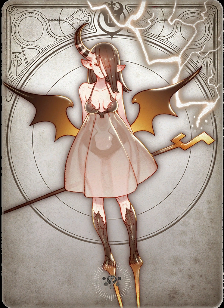 the illustration depicts a female demon character with long dark hair, red eyes, and a single horn on her head. she wears a short, flowing dress and holds a staff that emits lightning. her wings are spread, and her expression is neutral. the background features an intricate circular design and symbols.