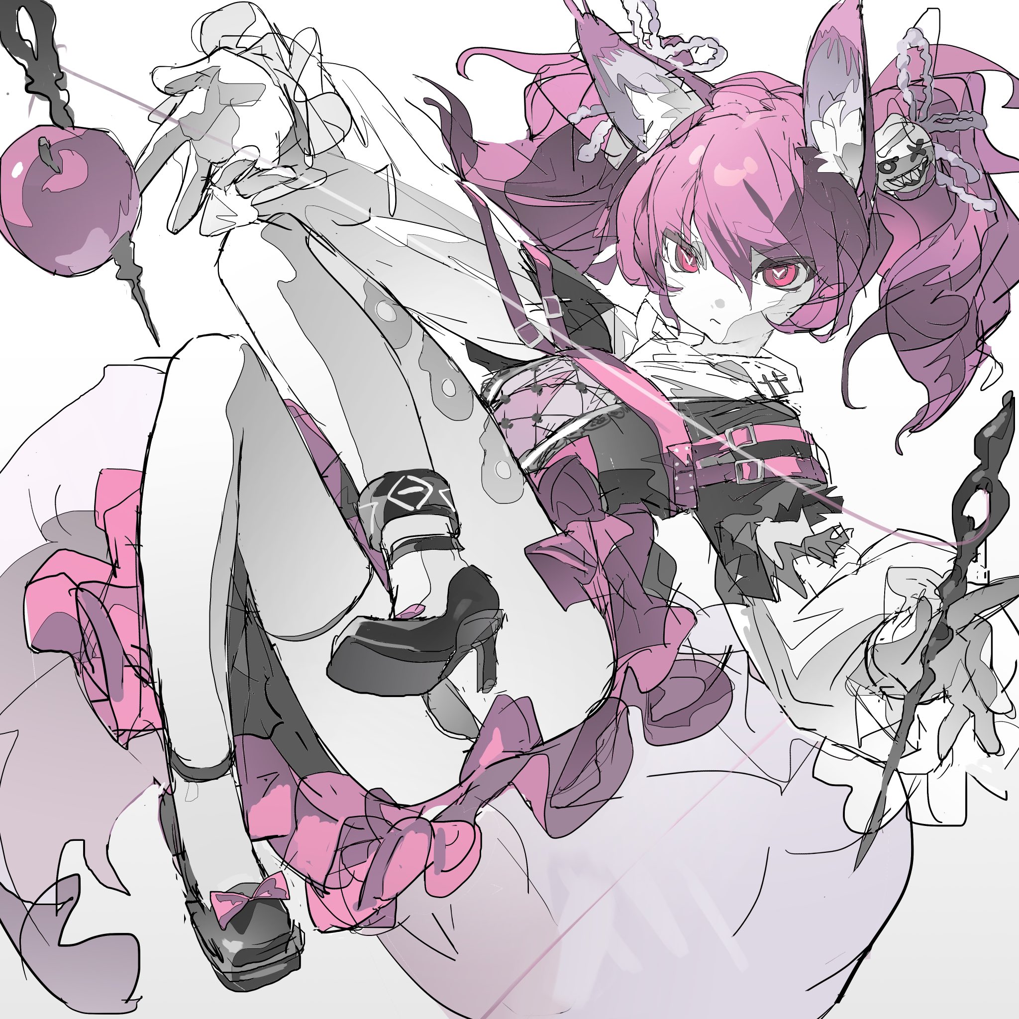 this is a drawing of a young anime girl in a pink and black dress. she has long, pointy ears and her hair is pink and tied in two pigtails. she is holding a chain in her right hand. the background is a white and grey color. the drawing is in a sketch style.