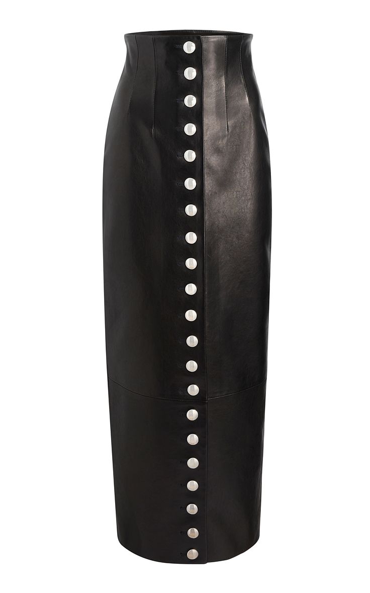 a black leather midi skirt with a high waist and silver buttons down the front. the skirt is being photographed in a studio setting with a white background.
