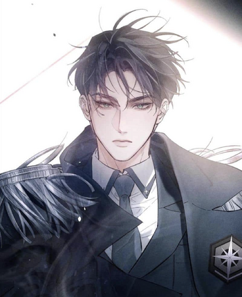 he image is a closeup portrait of a handsome animestyle young man. he has dark, styled hair, piercing eyes, and a serious expression. he's dressed in an elegant, darkcolored suit with militarystyle epaulets, suggesting a high rank or position of authority. the art style is soft and ethereal, with a blend of light and shadow creating a moody atmosphere. the overall impression is one of sophisticated handsomeness, hinting at a possible character from a romantic or actionthemed manga or novel.  a subtle starshaped badge is visible on his jacket.