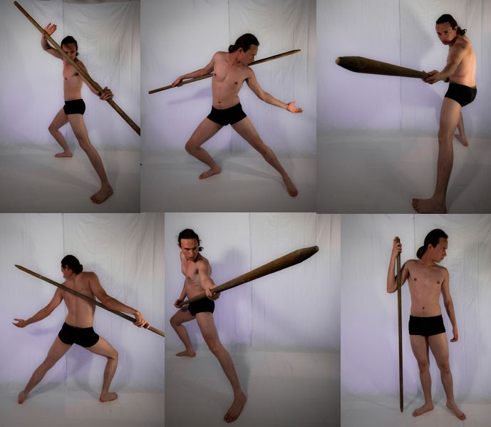 a compilation of 6 photographs depicting a man in various poses with a staff. he is shirtless and wearing shorts. he is posing in a studio setting with a white backdrop. the poses show him in different stages of a martial arts training session. he is strong, powerful, and focused as he practices with the staff.