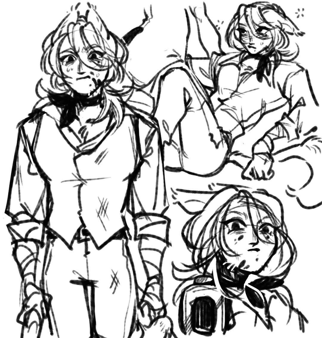 he image contains a sketch of three female characters, drawn in a style reminiscent of anime or manga.  the art is rough and sketchy, with visible lines and smudges indicating a quick, informal style. the characters are predominantly in black and white. the first character is standing, appearing injured with bandages on their wrists and several marks on their clothing. the other two characters are seated or lying down, also showing signs of distress and possible injury.  their expressions vary, showing worry, pain, and upset.  the overall impression is that the drawing depicts a scene of turmoil or struggle.